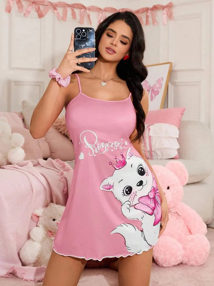 SHEIN قميص نوم قصير بطبعة قطة وفيونكة متعدد الألوان