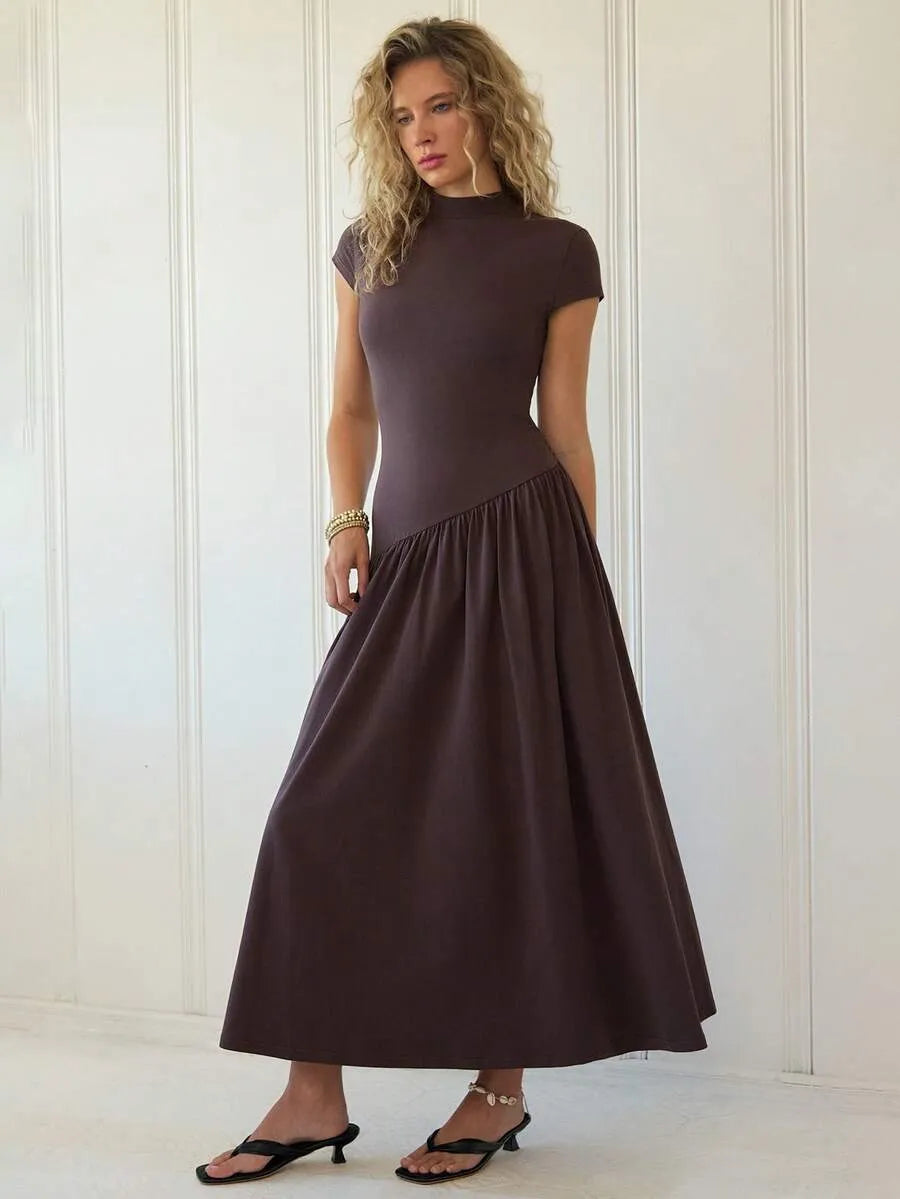 SHEIN Freevana فستان نسائي طويل بياقة واقفة وأكمام منفوخة وخصر طبيعي بلون بني