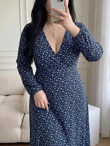 SHEIN Vibekara فستان نسائي بياقة وأكمام فانوس بنقشة زهور بلون أزرق بحري
