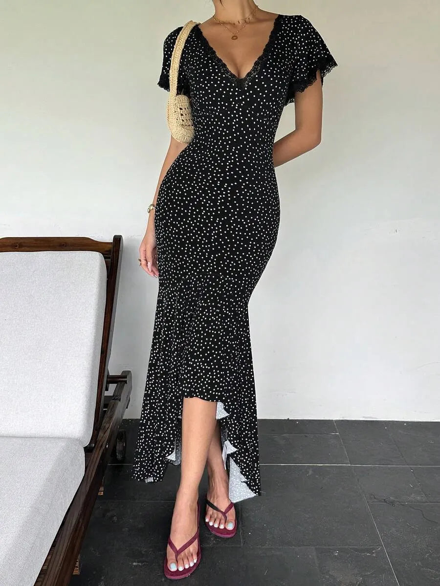 SHEIN Sunnyshic فستان نسائي أبيض وأسود صيفي بنقاط بولكا وكشكشة أكمام قصيرة
