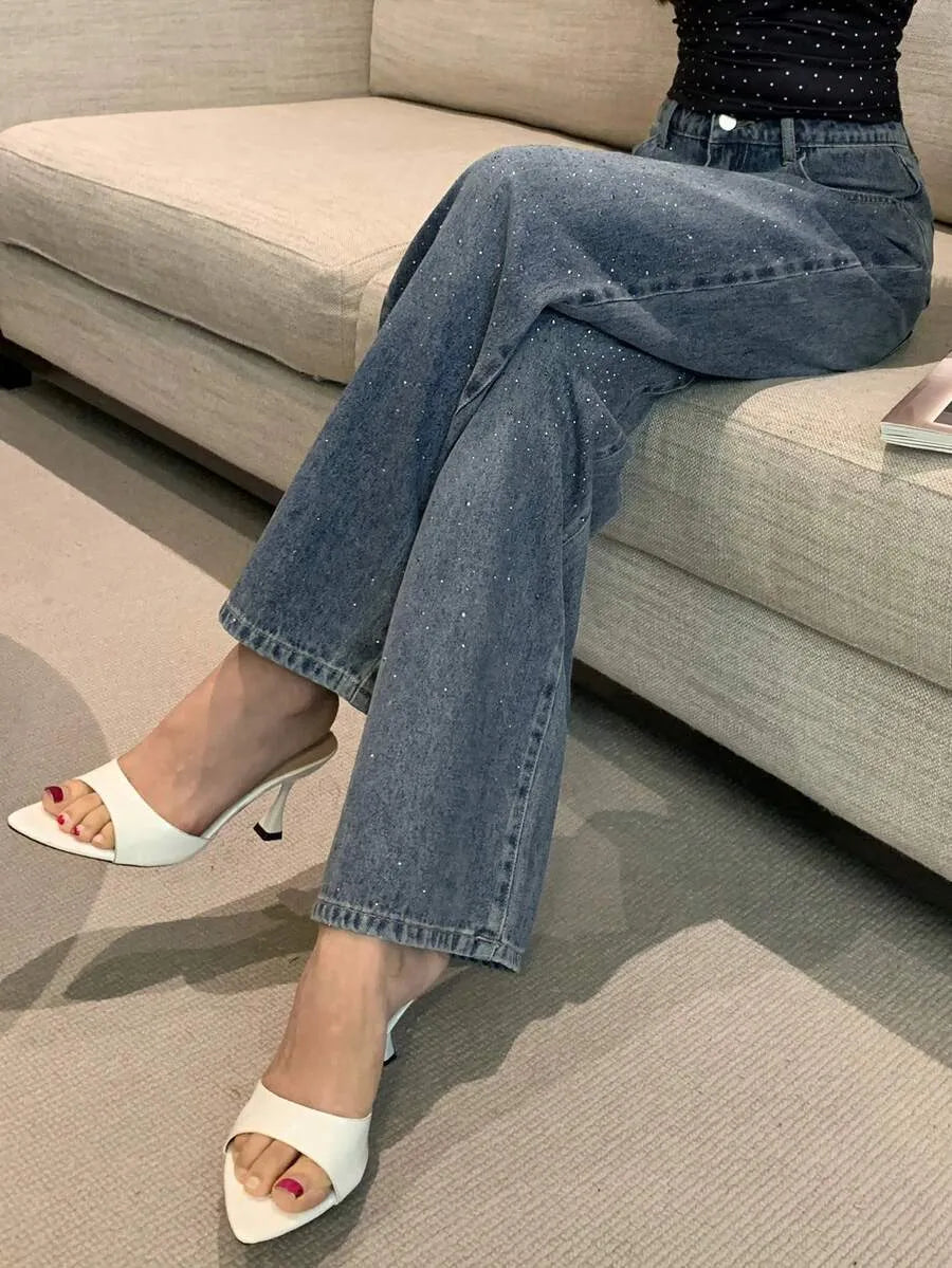 SHEIN DAZY بنطلون جينز فضفاض مستقيم مرصع بالراين بلون أزرق متوسط