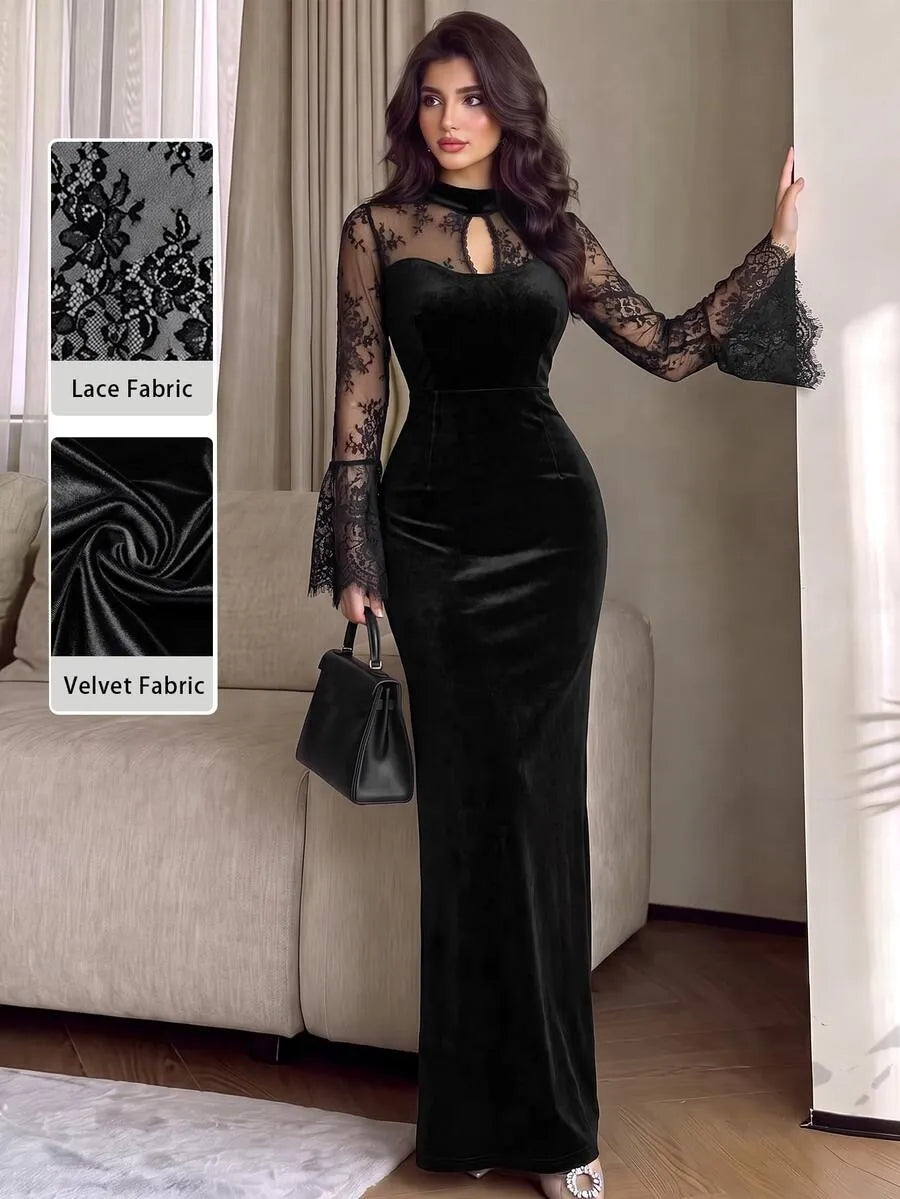 SHEIN Modelyn فستان طويل ضيق بياقة عالية وأكمام واسعة وتفاصيل مخمل ودانتيل بلون أسود