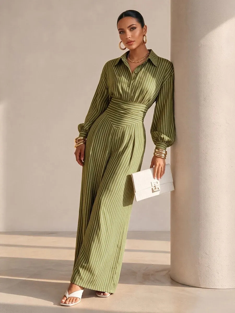 SHEIN Structelle جمبسوت نسائي بياقة قميص وأزرار أمامية وساق واسعة بخصر عالٍ بلون أخضر زيتوني