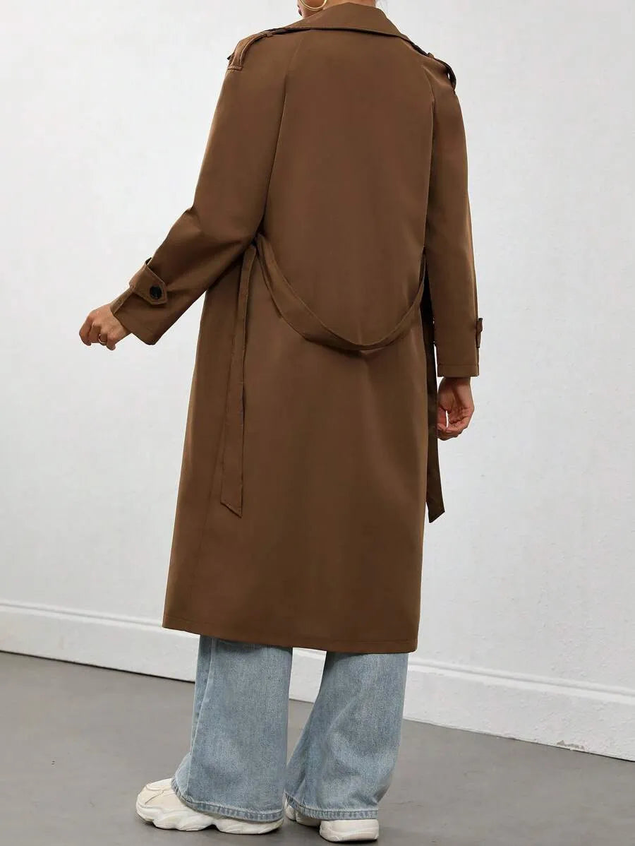 SHEIN Flirla معطف ترنش نسائي أنيق مزدوج الأزرار بلون موحد
