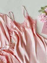 SHEIN SilkySpell طقم نوم 5 قطع بلون وردي كامي وشورت وبنطلون وفستان ووردة بحزام