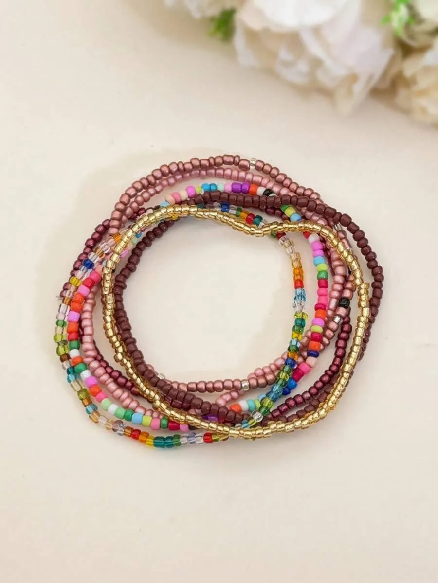 SHEIN مجموعة أساور كاحل بوهيمية صيفية مزينة بالخرز للنساء
