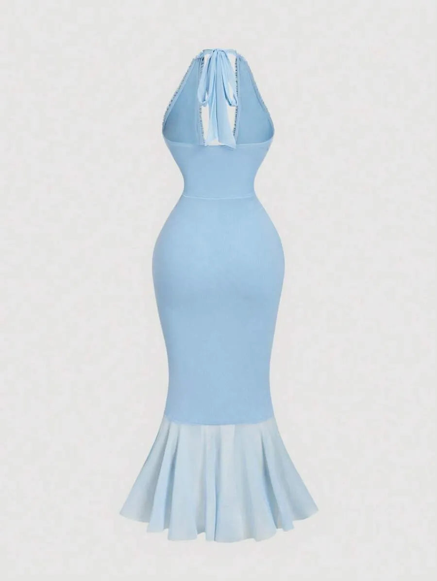 SHEIN MOD فستان نسائي طويل شبكي برباط وفيونكة وياقة رسن بلون أزرق فاتح