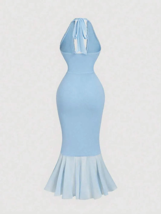 SHEIN MOD فستان طويل شبكي برباط وفيونكة وياقة رسن بلون أزرق فاتح