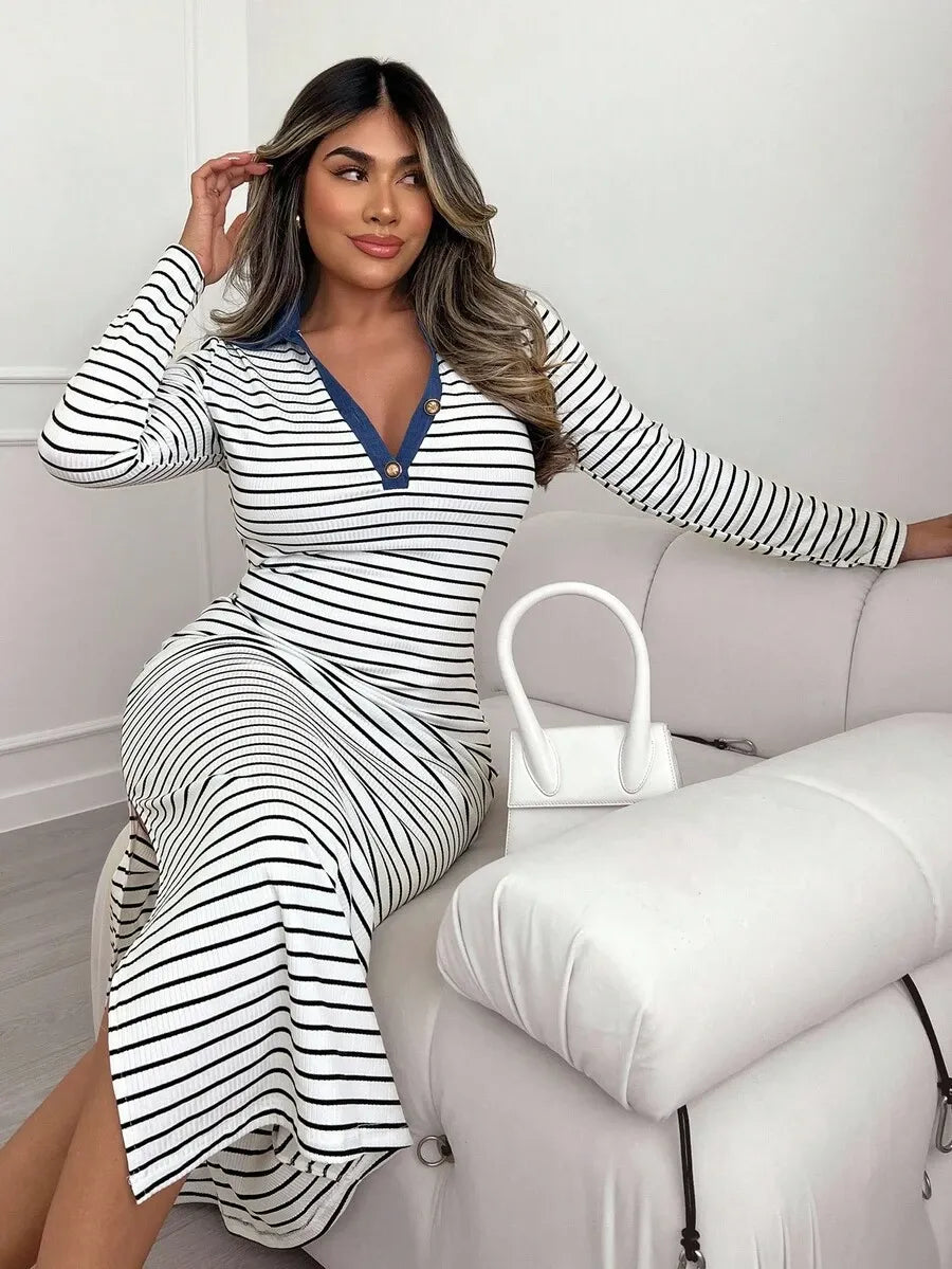 SHEIN LUNE فستان محبوك طويل بياقة بولو وأزرار معدنية وتفاصيل مخططة بالأبيض والأسود