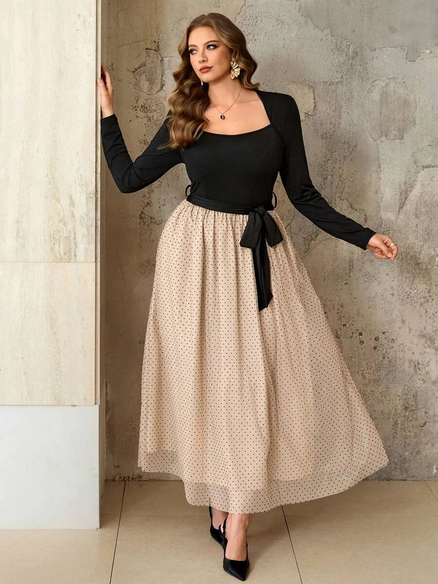SHEIN Roveilla فستان كارديجان محبوك برباط خصر وياقة مربعة بلون بني