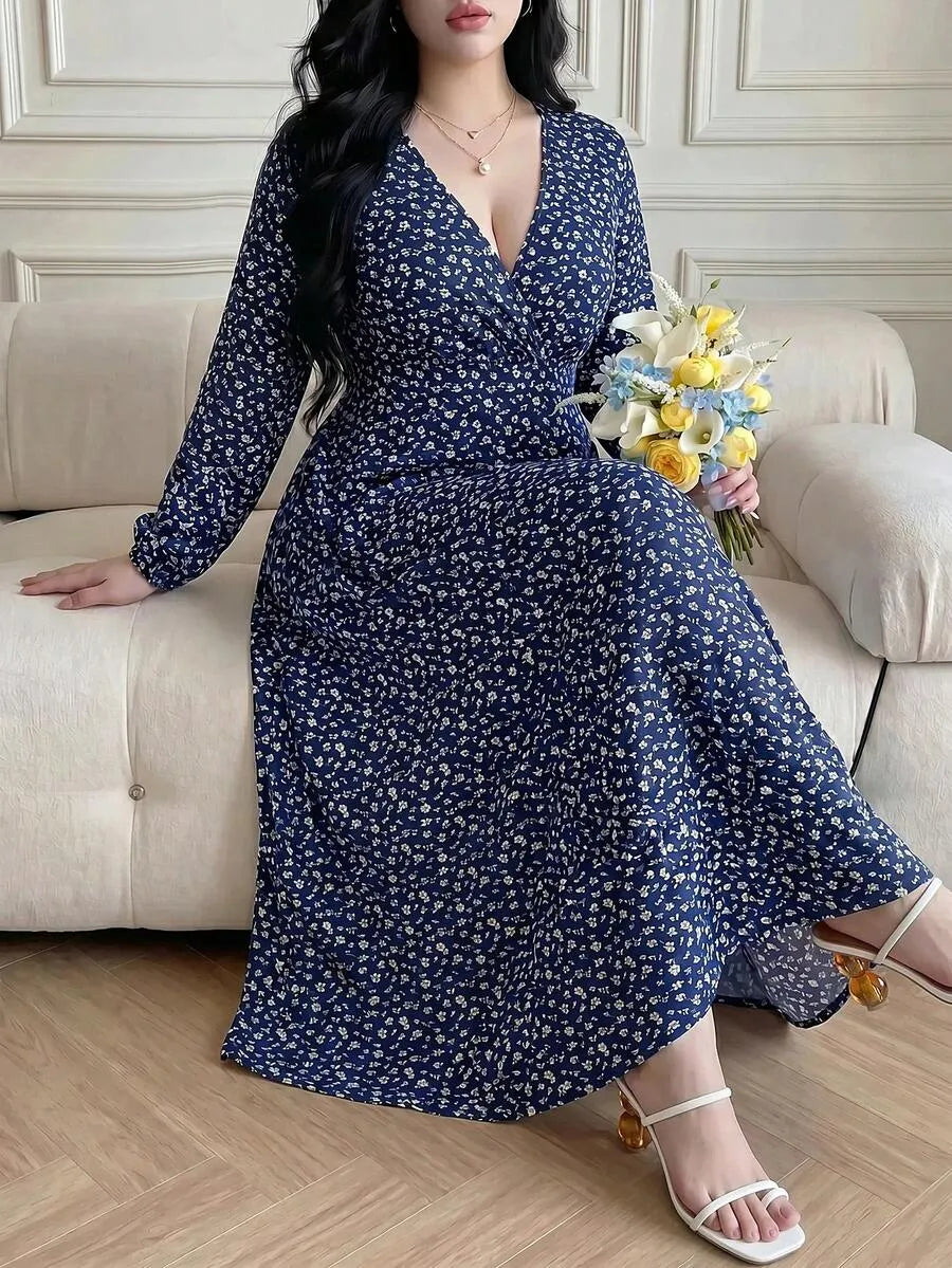 SHEIN Vibekara فستان نسائي بياقة وأكمام فانوس بنقشة زهور بلون أزرق بحري