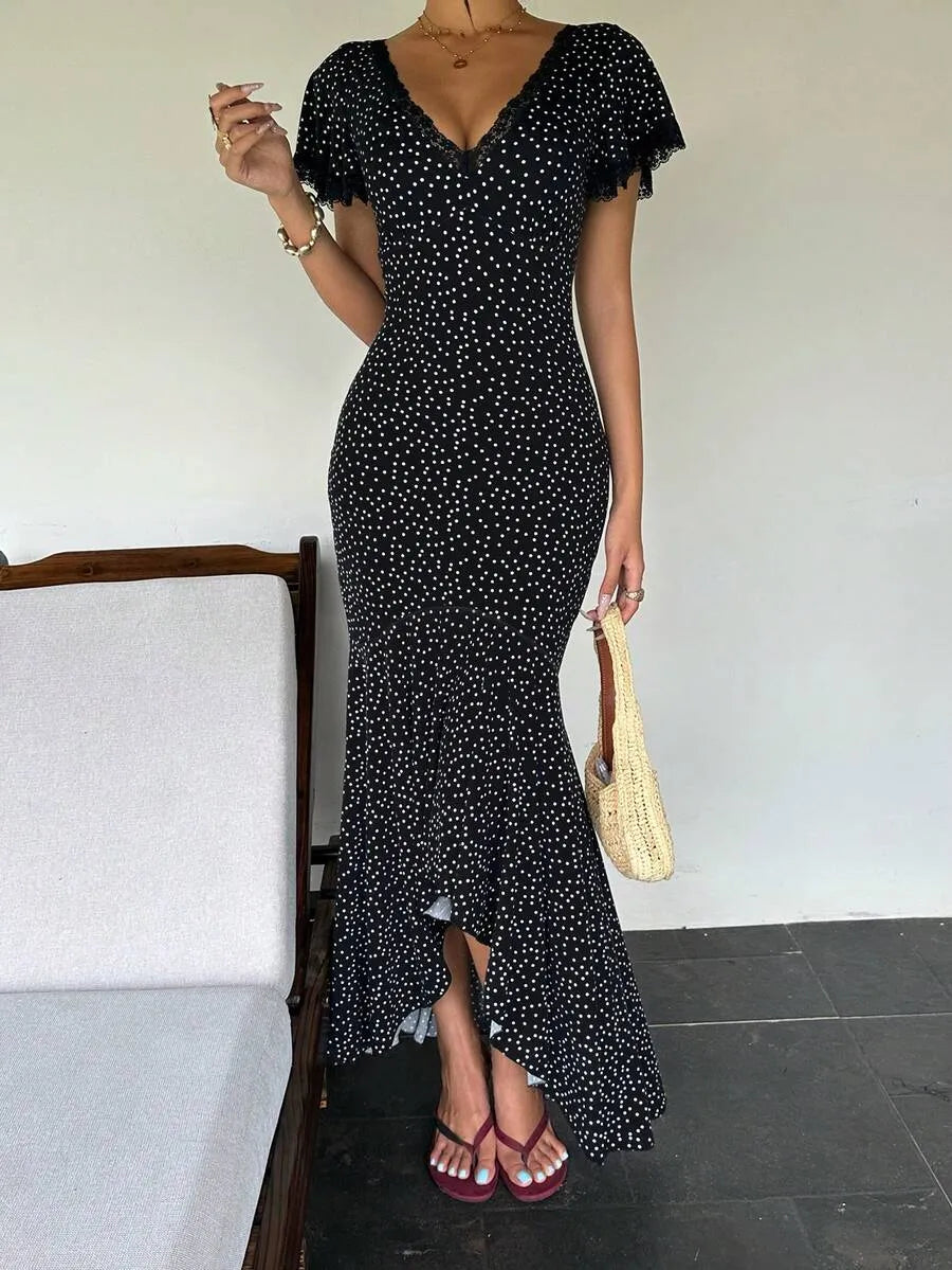 SHEIN Sunnyshic فستان نسائي أبيض وأسود صيفي بنقاط بولكا وكشكشة أكمام قصيرة