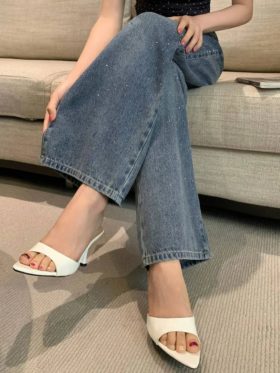 SHEIN DAZY بنطلون جينز فضفاض مستقيم مرصع بالراين بلون أزرق متوسط