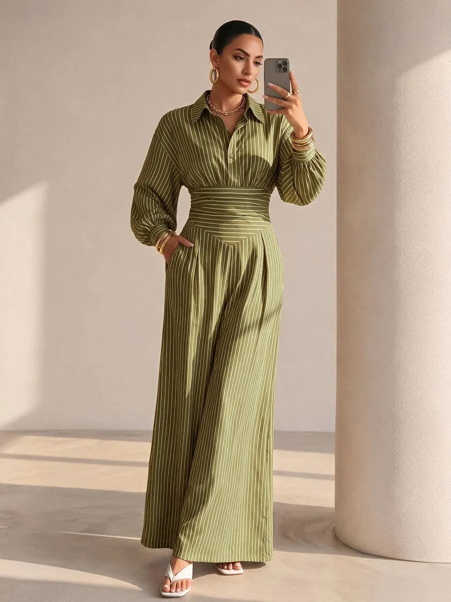 SHEIN Structelle جمبسوت نسائي بياقة قميص وأزرار أمامية وساق واسعة بخصر عالٍ بلون أخضر زيتوني