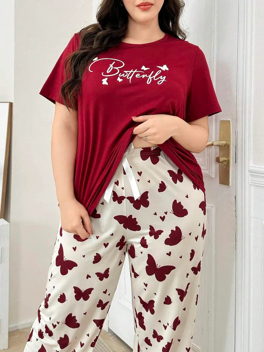 SHEIN طقم بيجامة نسائي بلون عنابي بطبعة فراشات وحروف وأكمام قصيرة