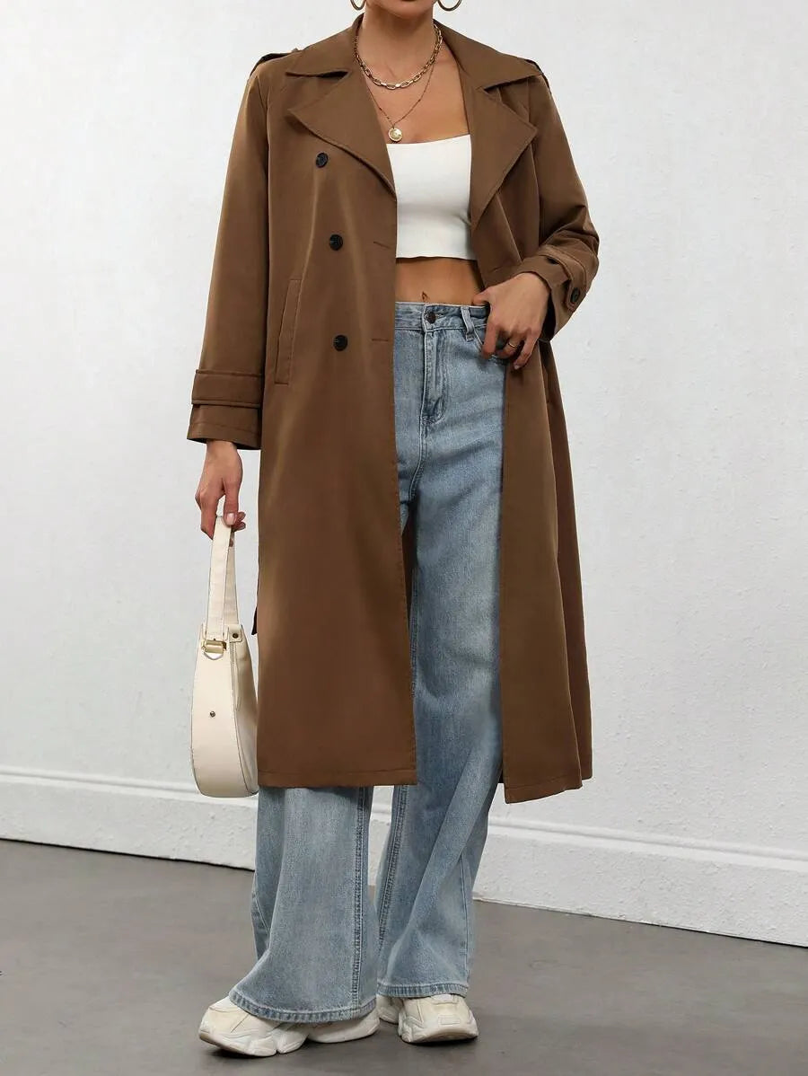 SHEIN Flirla معطف ترنش نسائي أنيق مزدوج الأزرار بلون موحد