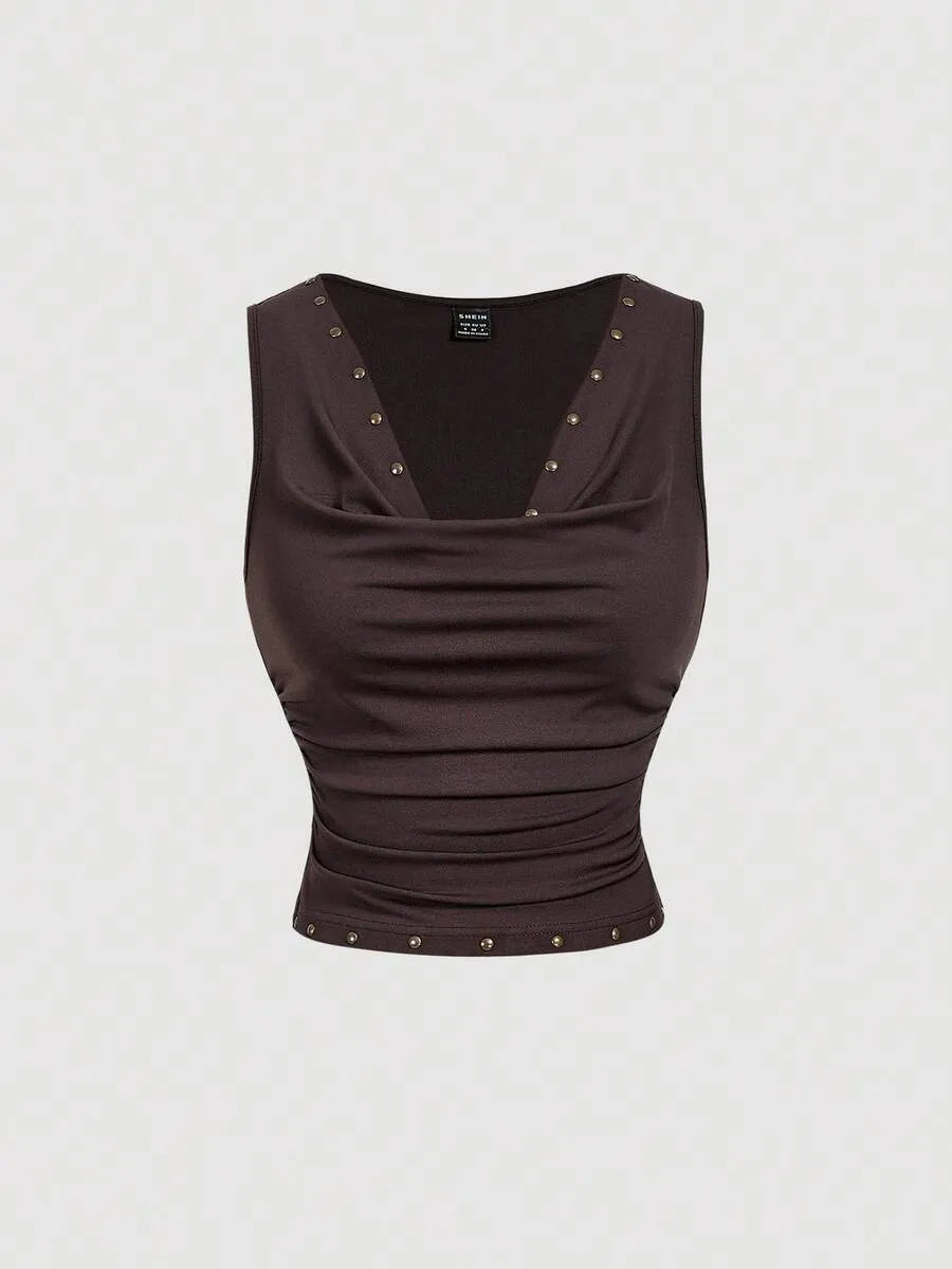 SHEIN MOD طقم نسائي من قطعتين توب كامي قصير وتنورة طويلة مزينة بدبابيس بلون بني
