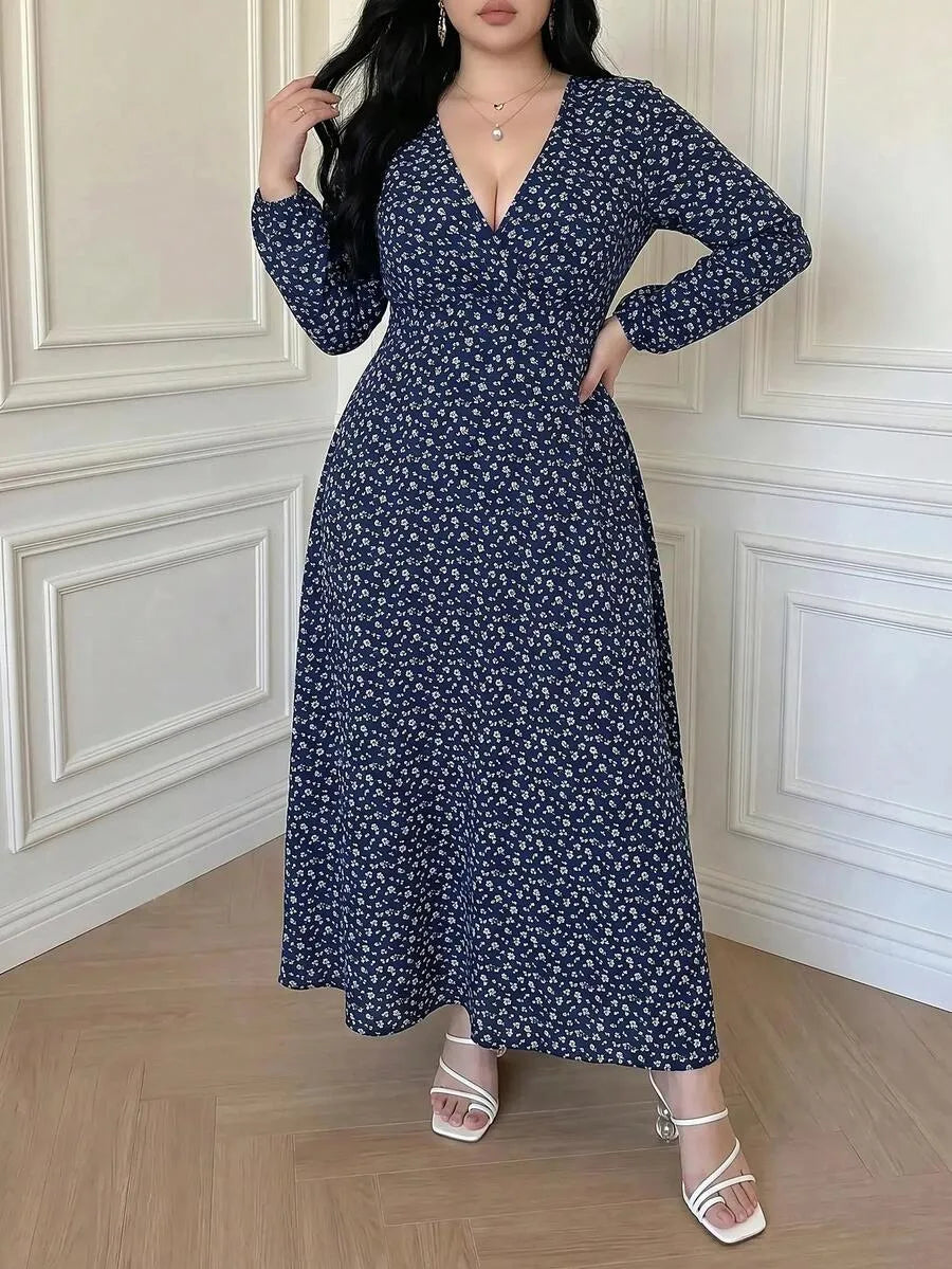 SHEIN Vibekara فستان نسائي بياقة وأكمام فانوس بنقشة زهور بلون أزرق بحري