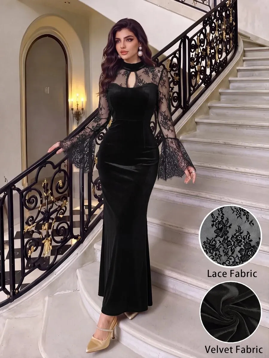 SHEIN Modelyn فستان طويل ضيق بياقة عالية وأكمام واسعة وتفاصيل مخمل ودانتيل بلون أسود