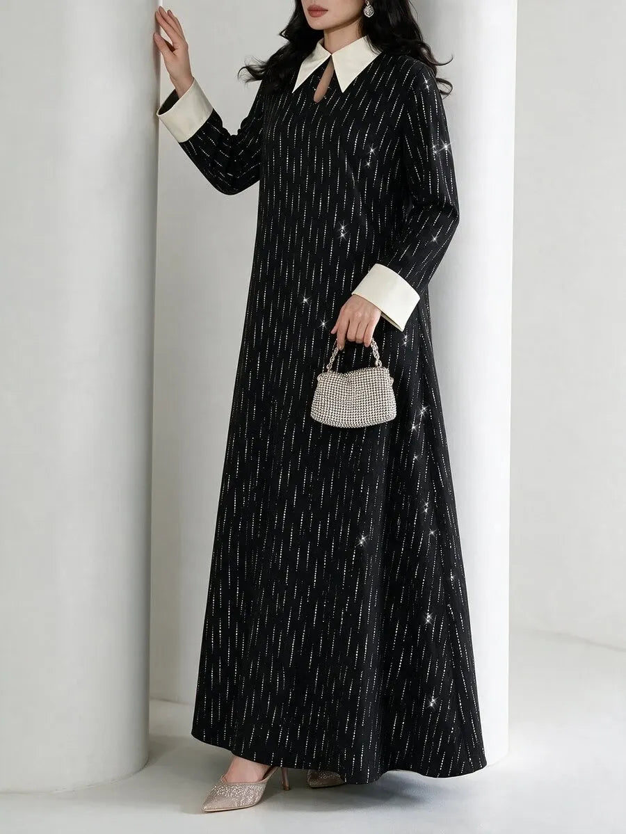 SHEIN Yasveil فستان طويل بياقة شال وفتحة صدر بشكل قطرة وأكمام طويلة بلون أسود
