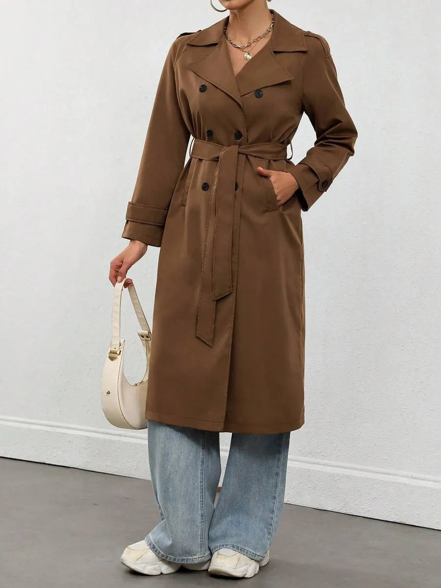 SHEIN Flirla معطف ترنش نسائي أنيق مزدوج الأزرار بلون موحد