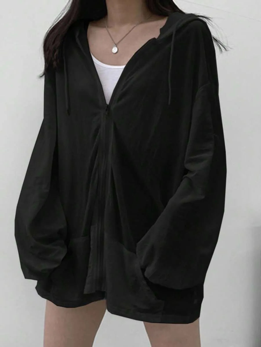 SHEIN DAZY كارديجان واسع بغطاء رأس وطباعة خلفية
