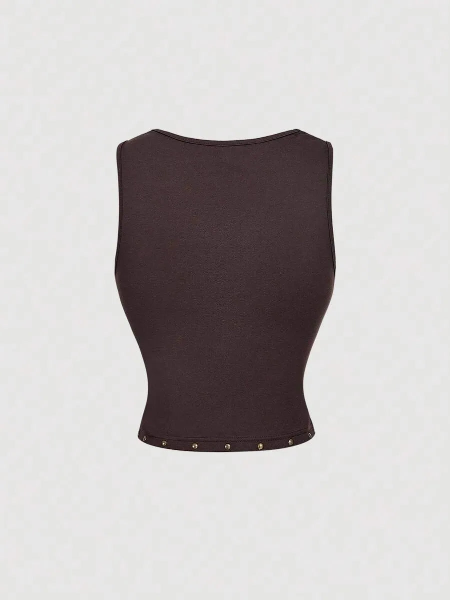 SHEIN MOD طقم نسائي من قطعتين توب كامي قصير وتنورة طويلة مزينة بدبابيس بلون بني