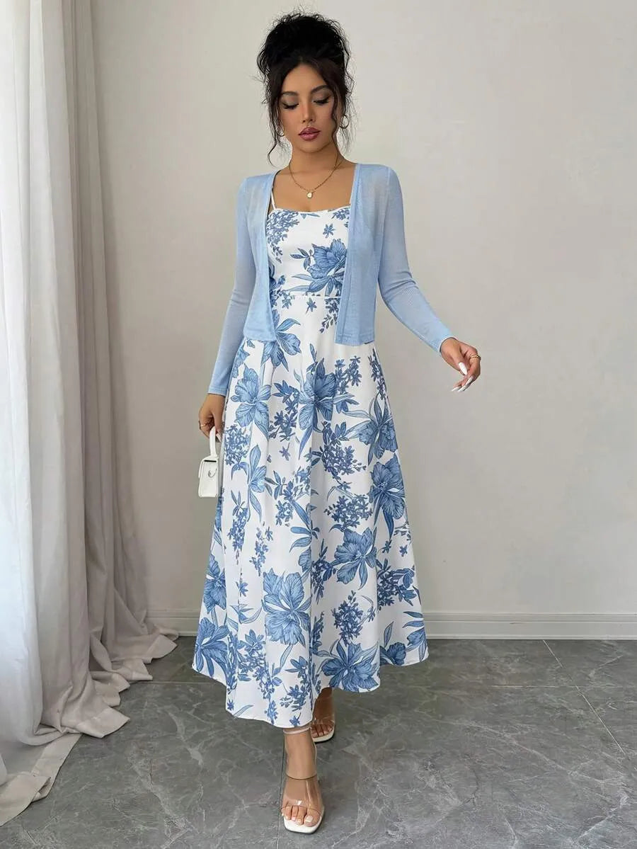 SHEIN طقم فستان كاميسول مطبوع مع كارديجان بلون أزرق وأبيض