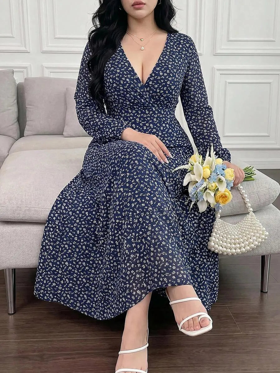 SHEIN Vibekara فستان نسائي بياقة وأكمام فانوس بنقشة زهور بلون أزرق بحري