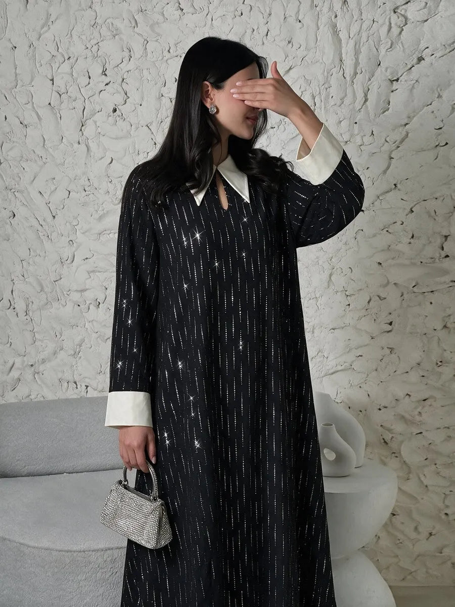 SHEIN Yasveil فستان طويل بياقة شال وفتحة صدر بشكل قطرة وأكمام طويلة بلون أسود