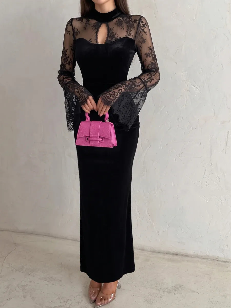 SHEIN Modelyn فستان طويل ضيق بياقة عالية وأكمام واسعة وتفاصيل مخمل ودانتيل بلون أسود