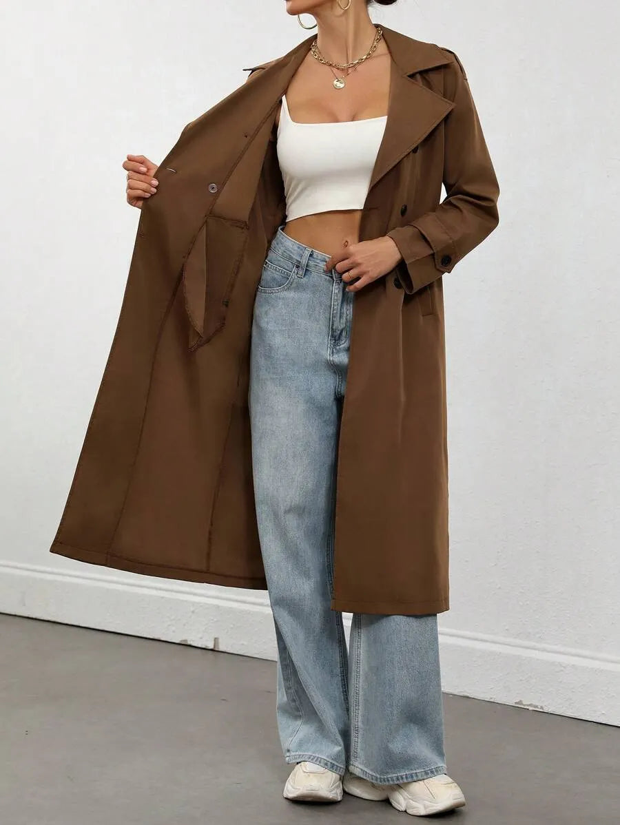 SHEIN Flirla معطف ترنش نسائي أنيق مزدوج الأزرار بلون موحد