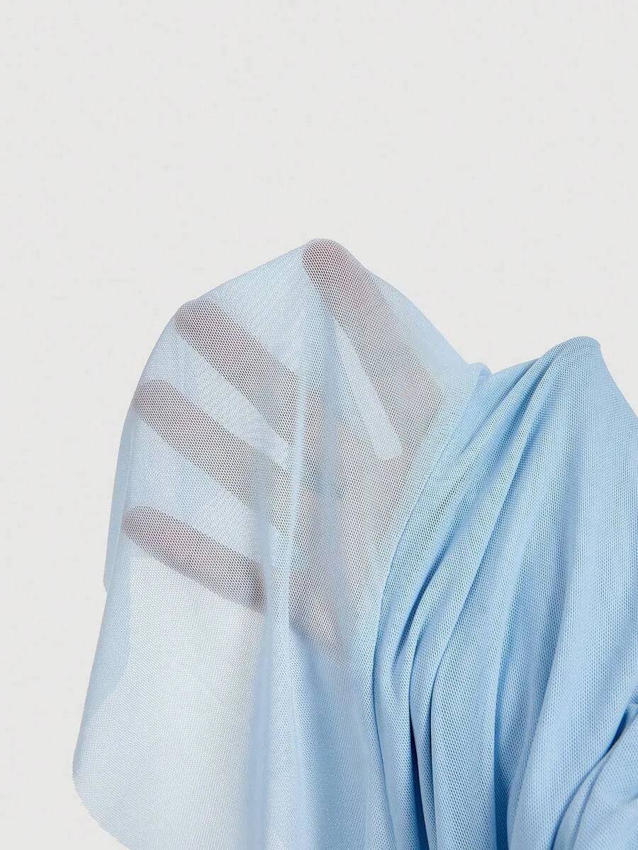 SHEIN MOD فستان نسائي طويل شبكي برباط وفيونكة وياقة رسن بلون أزرق فاتح