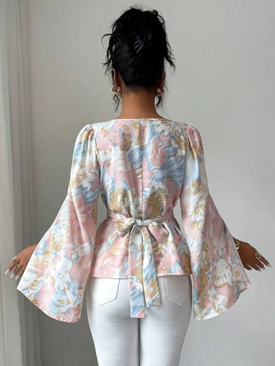SHEIN Modelyn بلوزة نسائية فضفاضة برباط خصر وأكمام مفتوحة متعدد الألوان