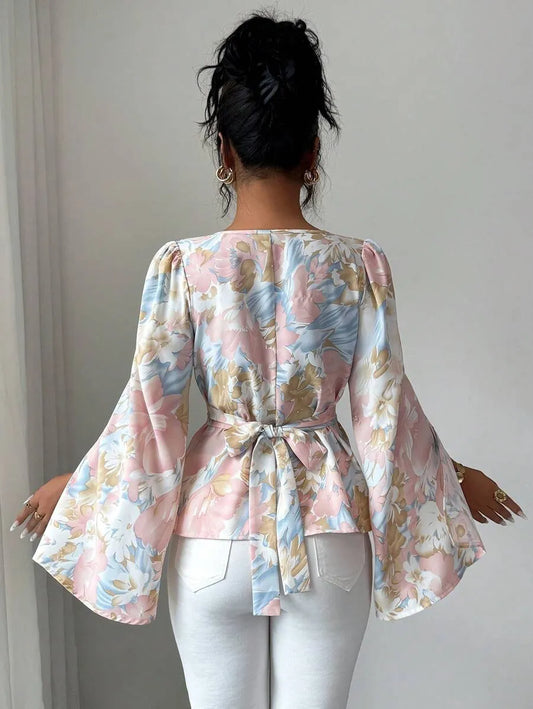 SHEIN Modelyn بلوزة نسائية فضفاضة برباط خصر وأكمام مفتوحة متعدد الألوان