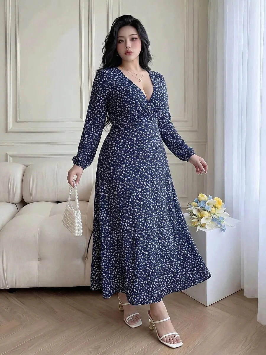 SHEIN Vibekara فستان نسائي بياقة وأكمام فانوس بنقشة زهور بلون أزرق بحري
