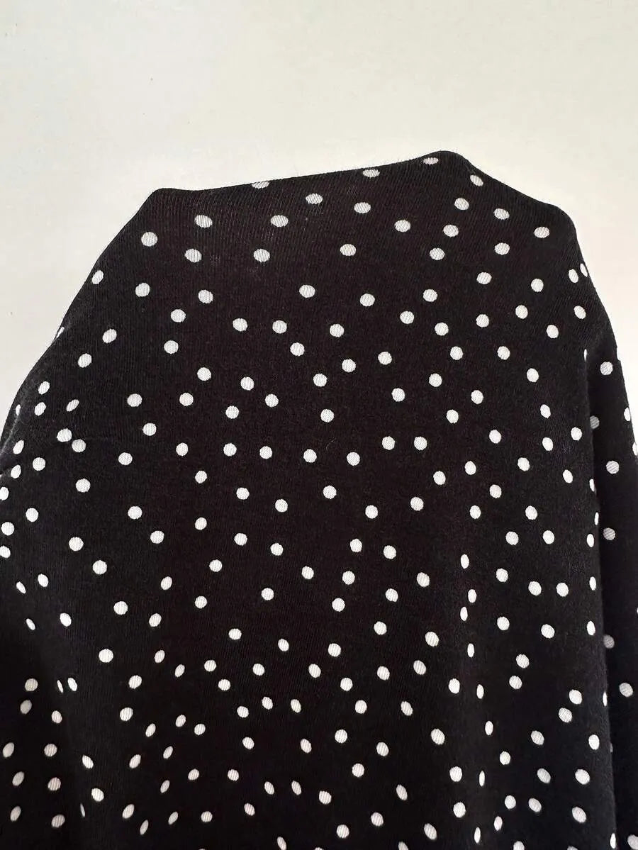 SHEIN Sunnyshic فستان نسائي أبيض وأسود صيفي بنقاط بولكا وكشكشة أكمام قصيرة