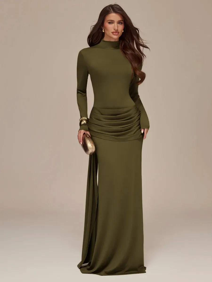 SHEIN BAE فستان محبوك ماكسي بياقة عالية وربطة أمامية بلون أخضر عسكري