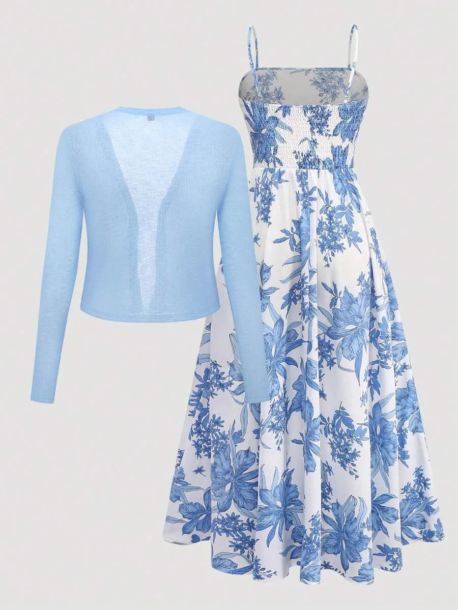 SHEIN طقم فستان كاميسول مطبوع مع كارديجان بلون أزرق وأبيض