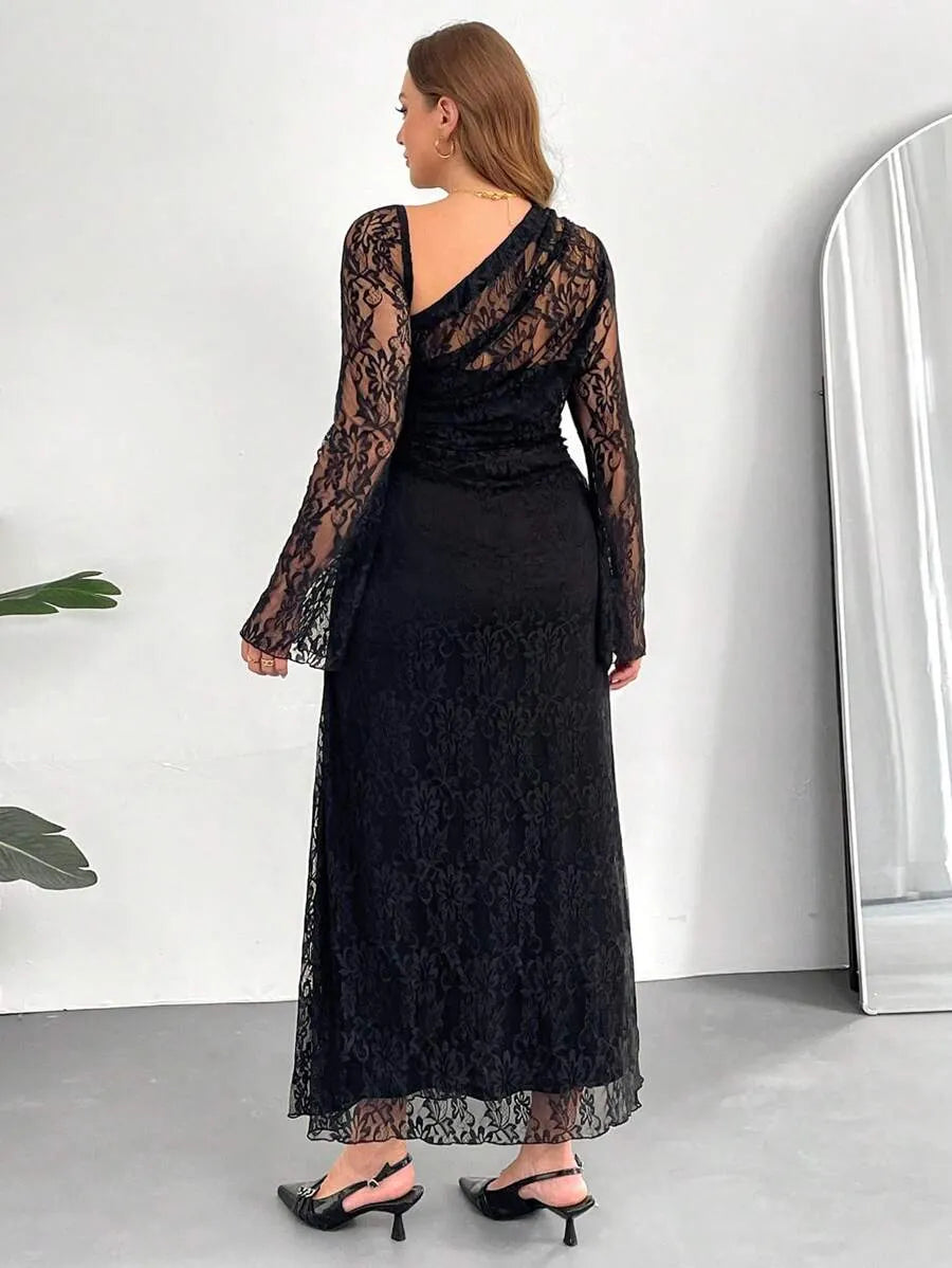 SHEIN Auralis فستان نسائي بياقة غير متماثلة وأكمام جرسية بلون أسود
