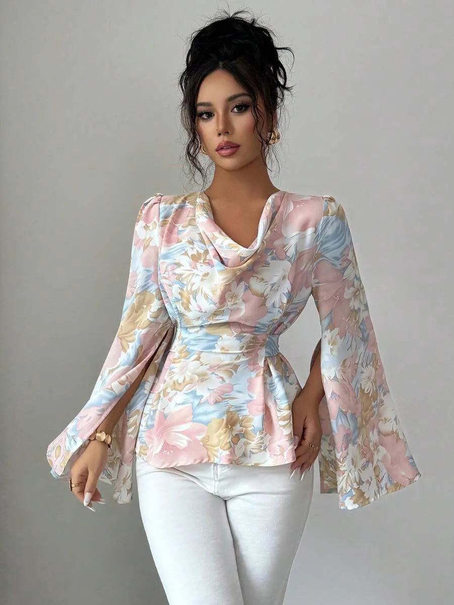 SHEIN Modelyn بلوزة نسائية فضفاضة برباط خصر وأكمام مفتوحة متعدد الألوان