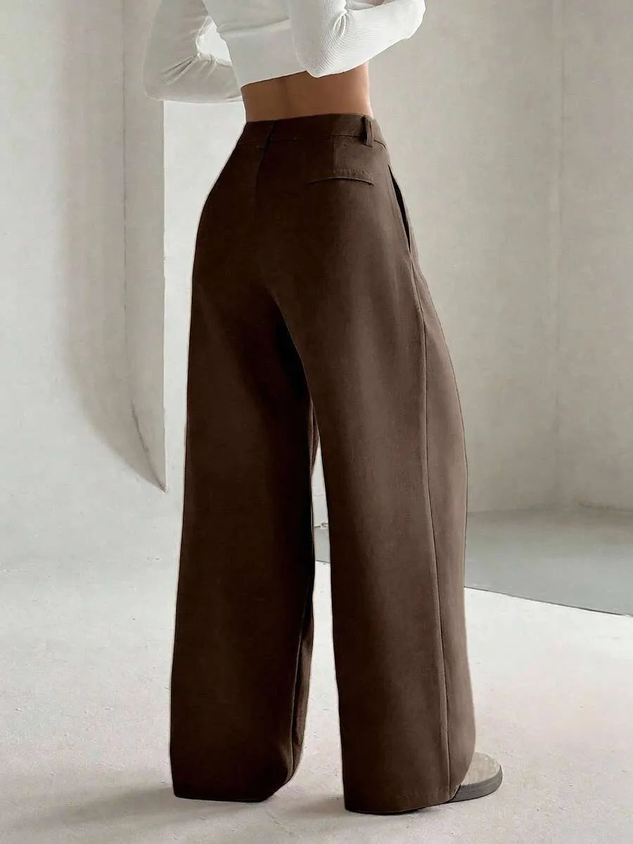 SHEIN Flirla بنطال نسائي واسع بخصر منخفض بلون بني