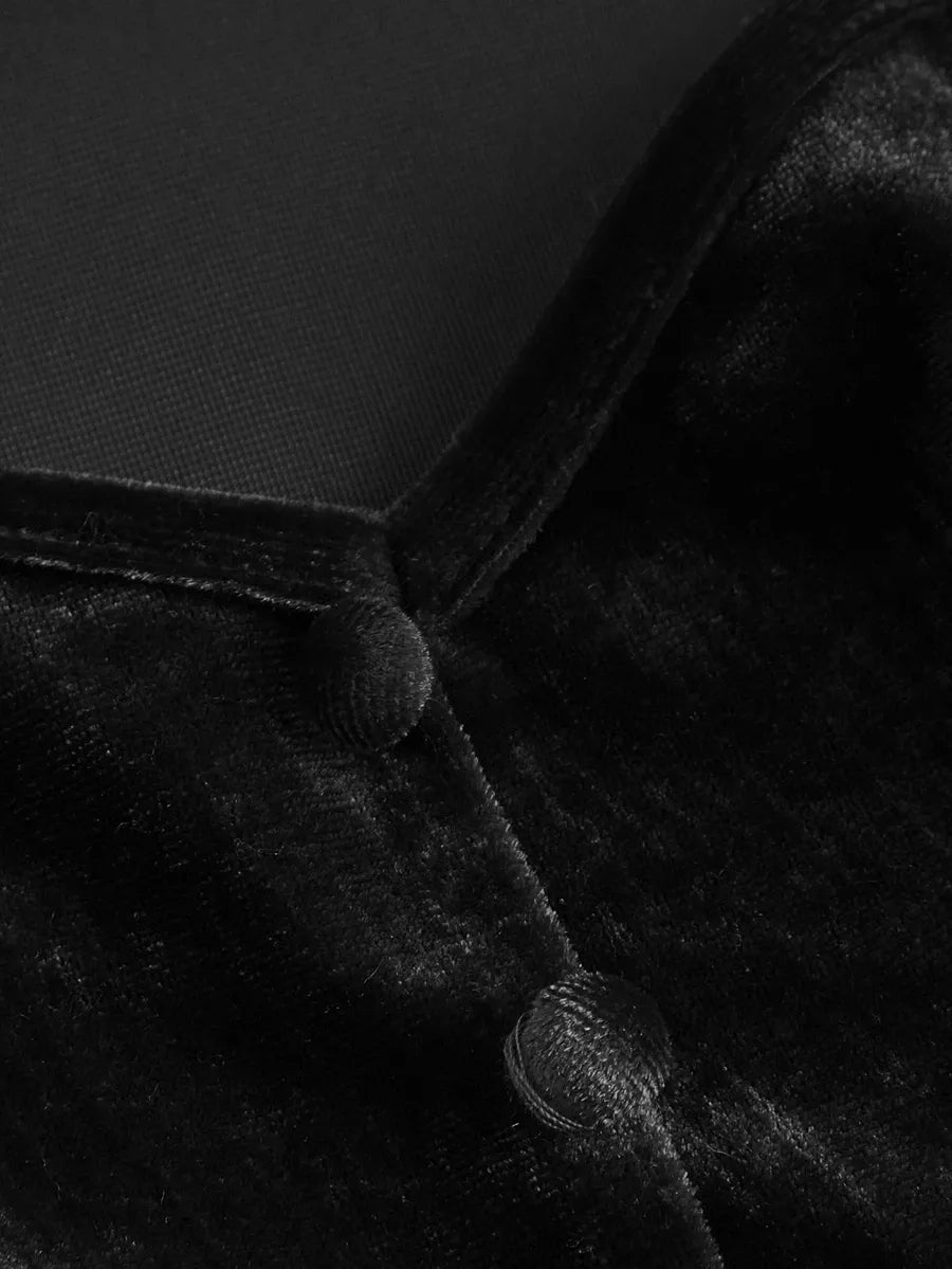 SHEIN MOD فستان نسائي من المخمل بياقة تشيباو وفيونكة بلون أسود