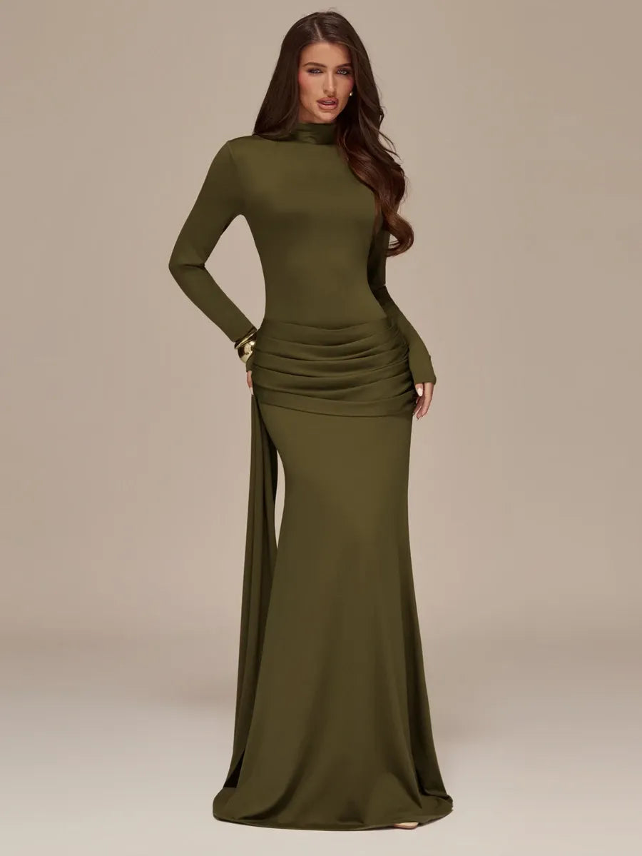 SHEIN BAE فستان محبوك ماكسي بياقة عالية وربطة أمامية بلون أخضر عسكري