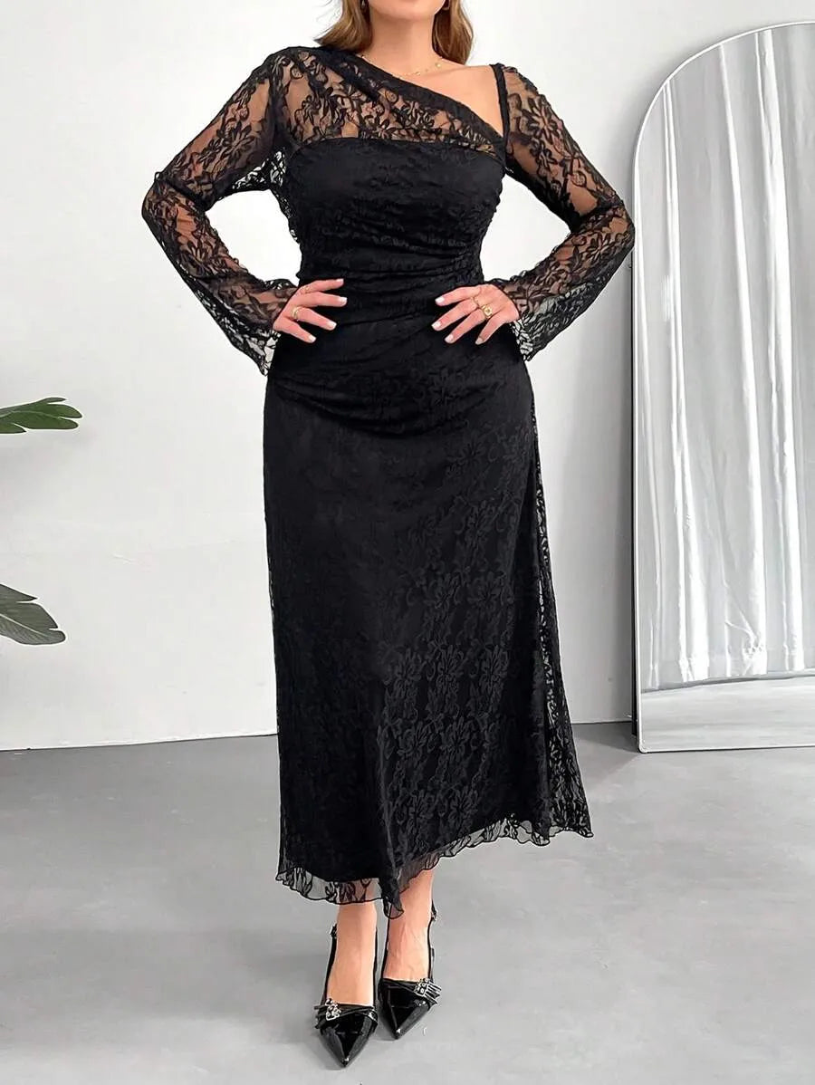 SHEIN Auralis فستان نسائي بياقة غير متماثلة وأكمام جرسية بلون أسود