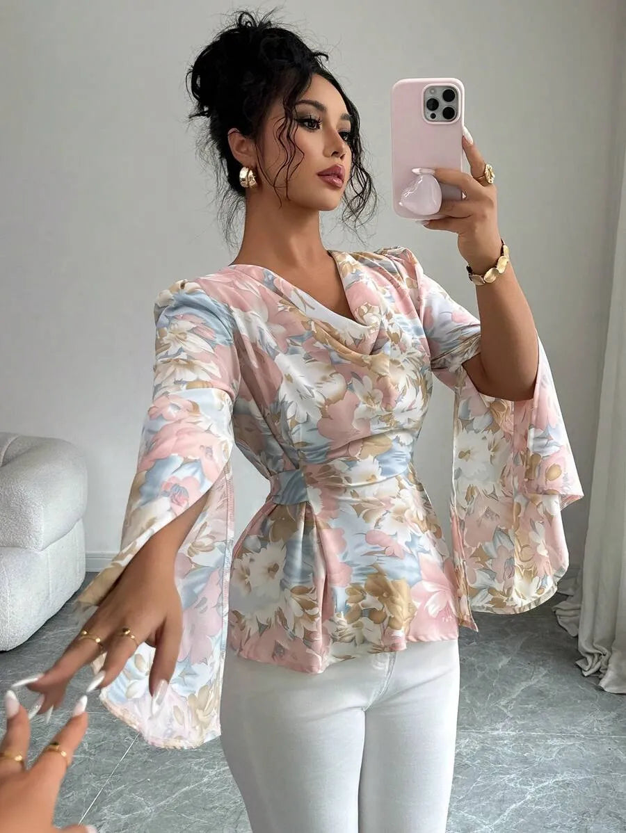 SHEIN Modelyn بلوزة نسائية فضفاضة برباط خصر وأكمام مفتوحة متعدد الألوان