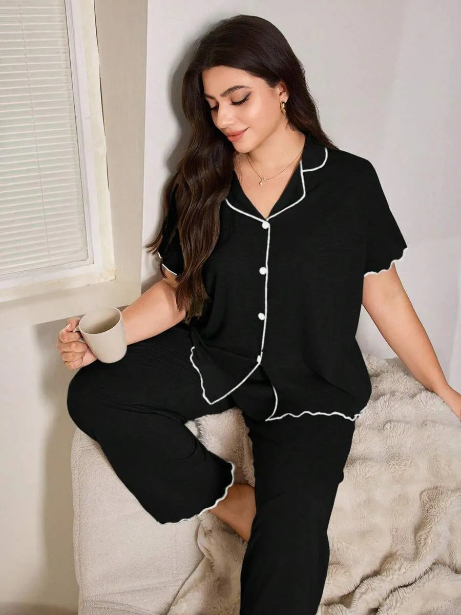 SHEIN DUSKBASE طقم بيجامة نسائي بلون أسود بياقة مفتوحة وبنطال واسع