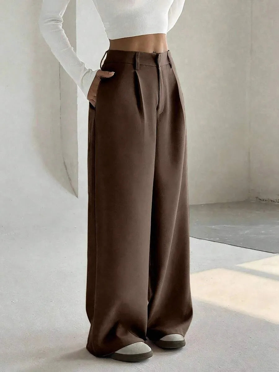 SHEIN Flirla بنطال نسائي واسع بخصر منخفض بلون بني