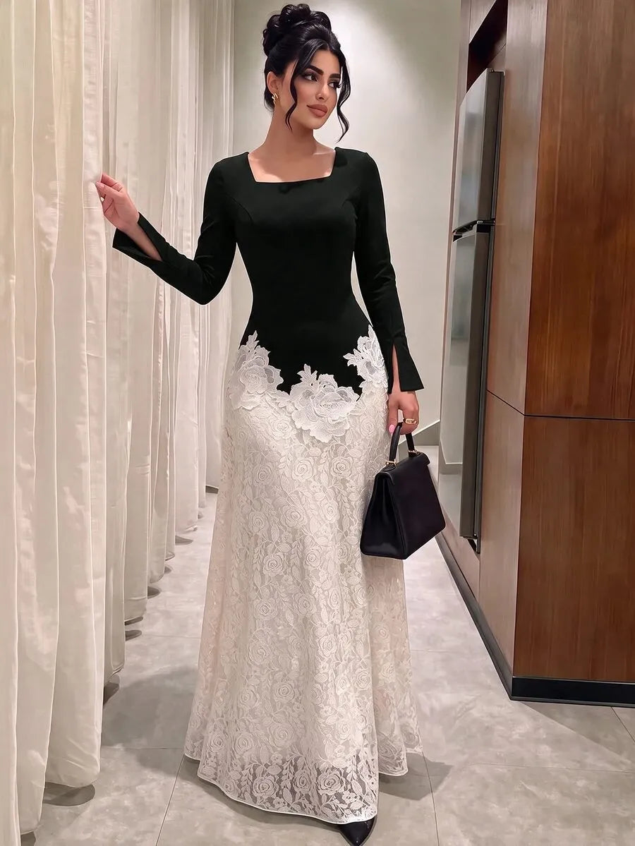 SHEIN NOVVYNE فستان محبوك طويل بياقة مربعة وأكمام بفتحات وحافة دانتيل بلون متعدد الألوان