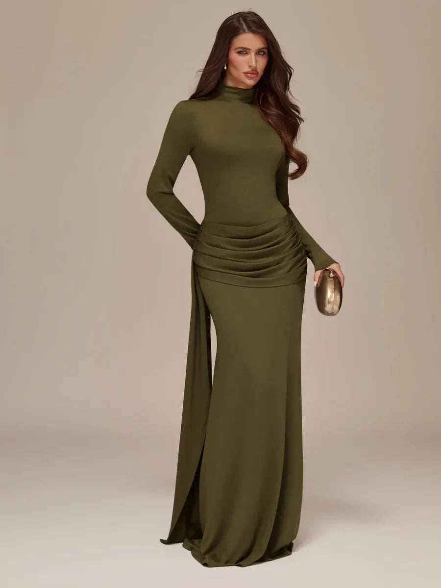 SHEIN BAE فستان محبوك ماكسي بياقة عالية وربطة أمامية بلون أخضر عسكري